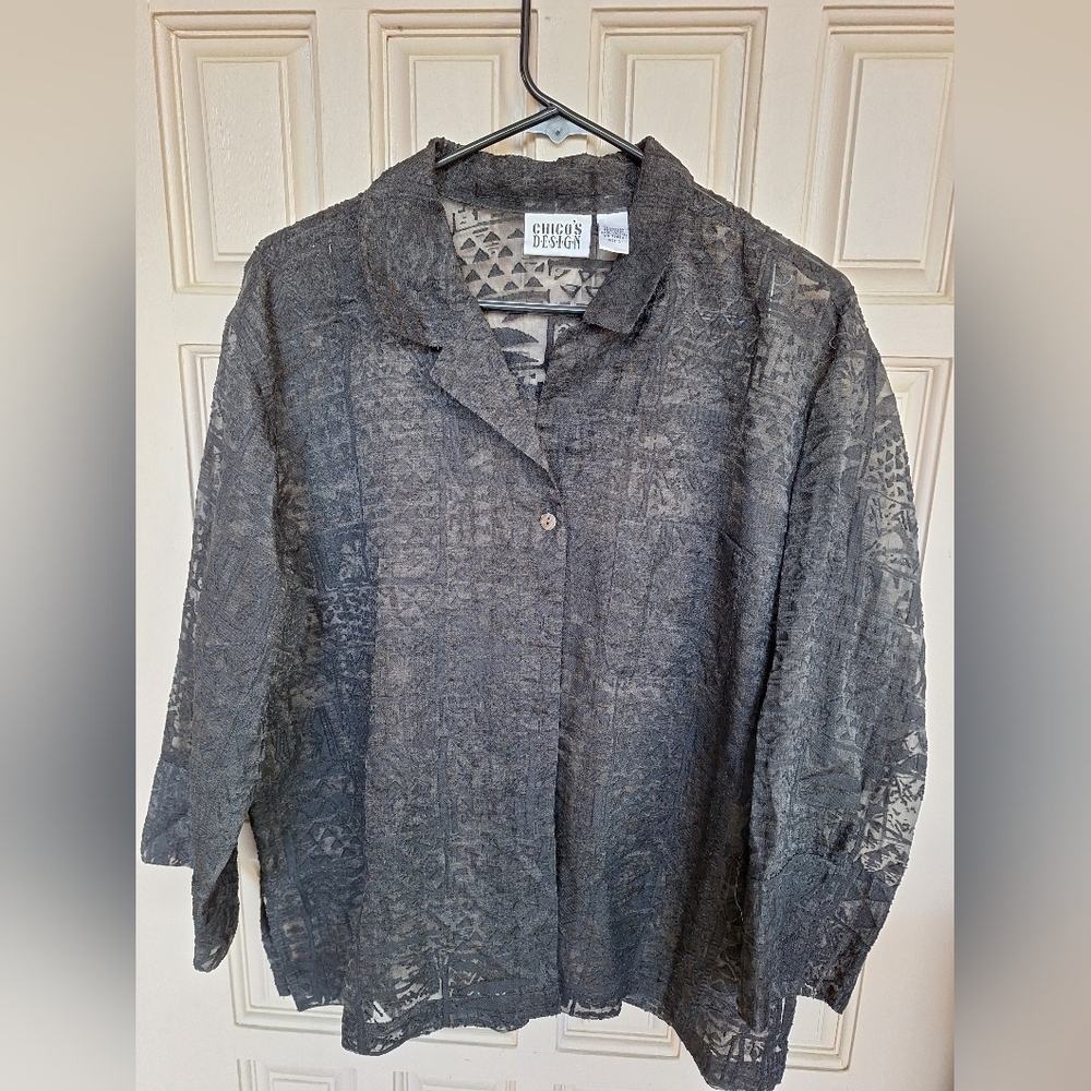 Chico's Design Black Lace Sheer Button Front Shirt Sz3 3/4Sleeves Collar V Neck